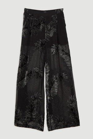 Karen Millen UK SALE Feather Devore Woven Wide Leg Trousers - black