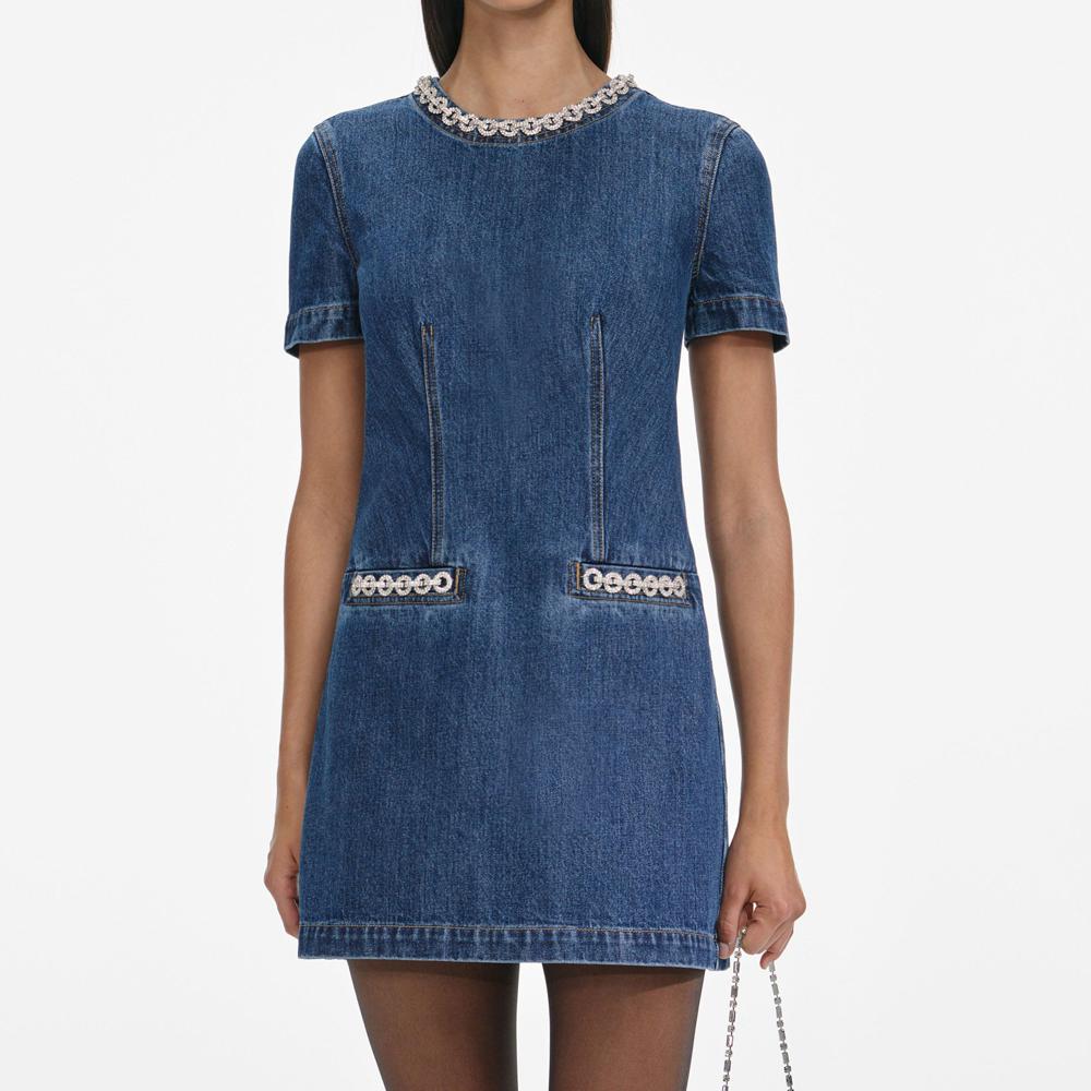 SP VIP PRICE Denim Crystal Trim Mini Dress