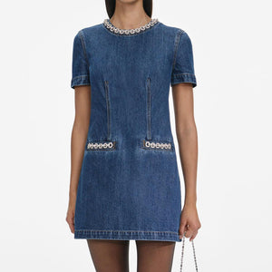 SP VIP PRICE Denim Crystal Trim Mini Dress