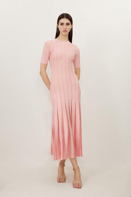 Karen Millen UK SALE Viscose Blend Filament Full Skirt Knit Midi Dress - soft pink