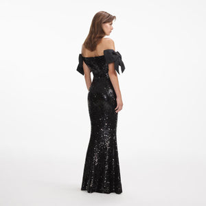 SELF PORTRAIT SS24 Black Sequin Bow Maxi Dress