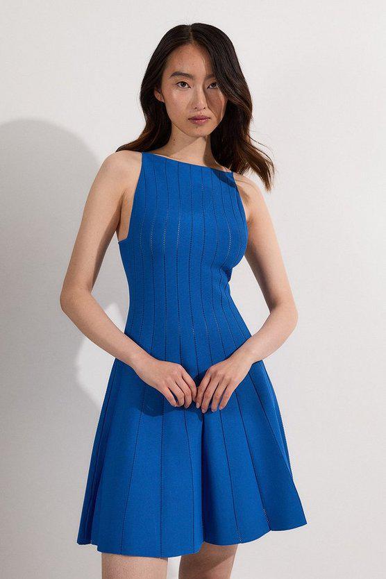 Karen Millen UK SALE Viscose Blend Sheer Detail Knit Flippy Mini Dress - cobalt