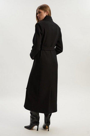 Karen Millen UK SALE Wool Investment Notch Neck Tailored Maxi Coat - black