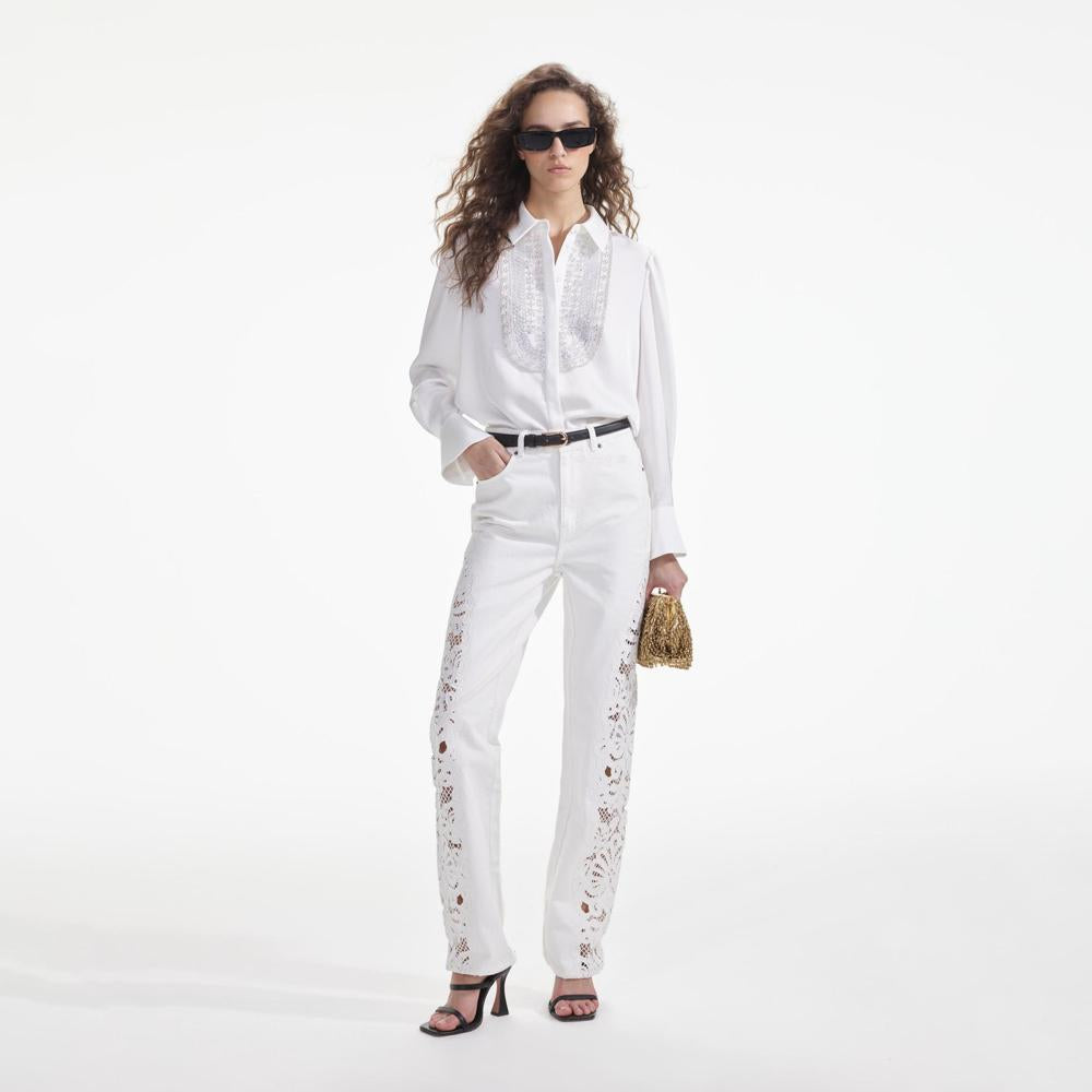 SELF PORTRAIT SS24 White Satin Embellished Bib Blouse