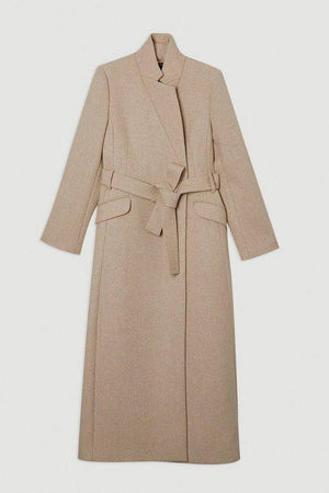 Karen Millen UK SALE Wool Investment Notch Neck Tailored Maxi Coat - oatmeal