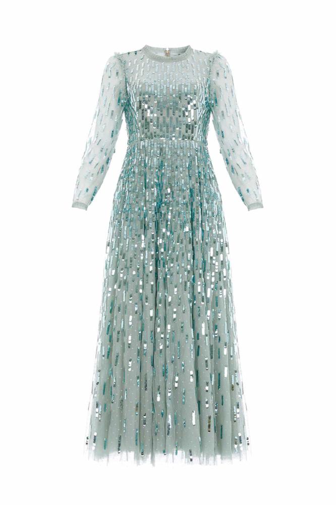 Needle & Thread SPRING/SUMMER Sequin Dash Long Sleeve Ankle Gown - green