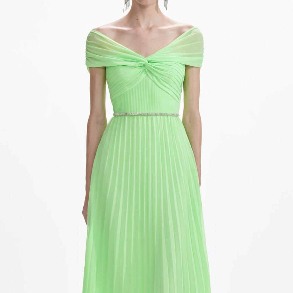 SELF PORTRAIT SS24 Green Off Shoulder Chiffon Midi Dress