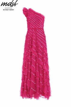 Needle & Thread CHRISTMAS SALE Spiral Sequin One-Shoulder Ankle Gown - pink