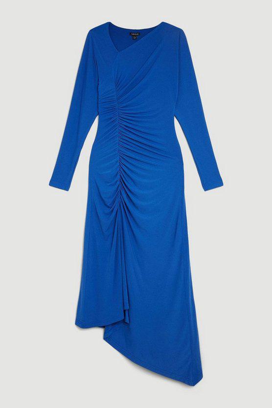 Karen Millen UK SALE Jersey Crepe Ruched Long Sleeve Midi Dress - cobalt