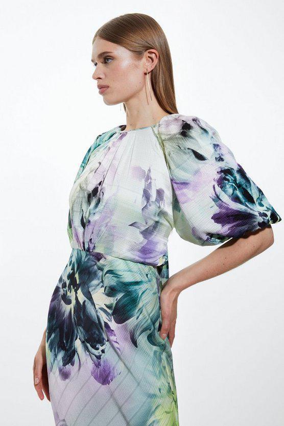 Karen Millen UK SALE Spring Floral Printed Hammered Satin Woven Midi Dress