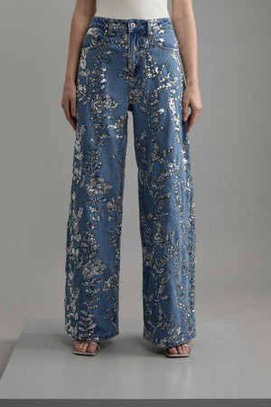 Karen Millen UK SALE Denim All Over Floral Sequin Wide Leg Trousers - mid blue