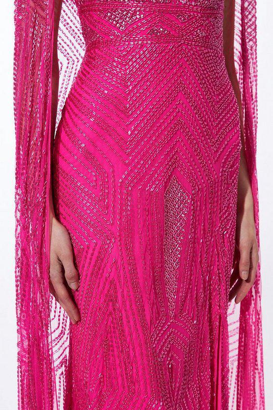 Karen Millen UK SALE Premium Embellished Caped Maxi Dress - hot pink