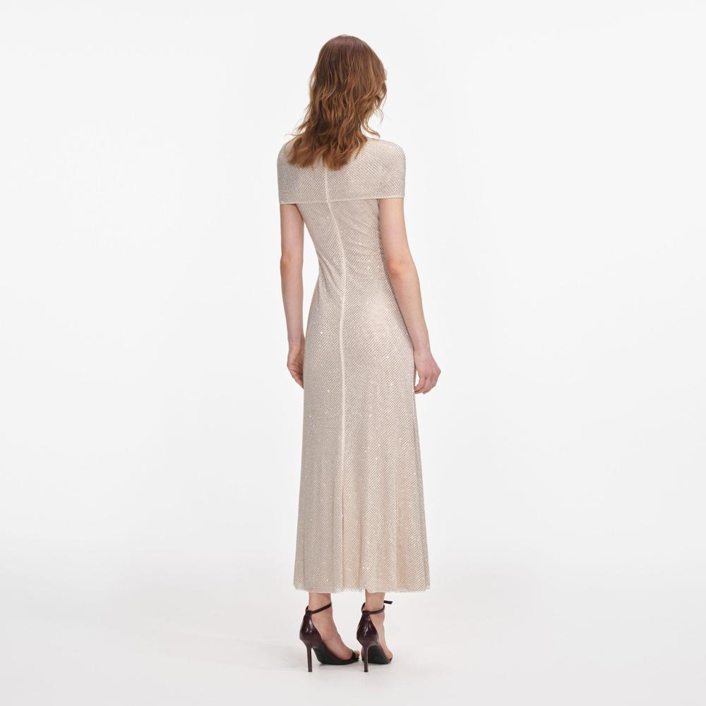 SP VIP PRICE Champagne Rhinestone Mesh Cut Out Midi Dress