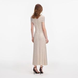 SP VIP PRICE Champagne Rhinestone Mesh Cut Out Midi Dress