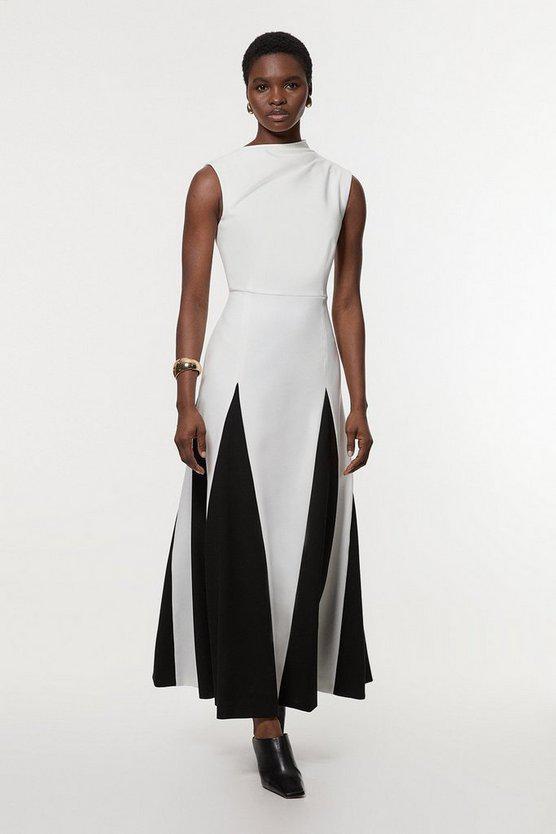 Karen Millen UK SALE Compact Stretch Tailored Colour Block Full Skirted Midi Dress - ivory