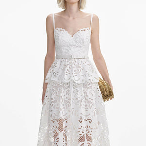 SELF PORTRAIT SS24 White Cotton Lace Tiered Midi Dress