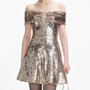 SELF PORTRAIT SS24 Gold Sequin Off Shoulder Mini Dress