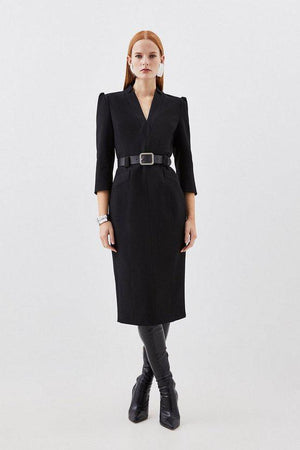 Karen Millen UK SALE Compact Stretch Tailored Forever Belted Midi Dress - black