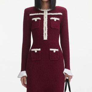SELF PORTRAIT SS25 VIP PRICE Burgundy Pearl Trim Knit Midi Dress