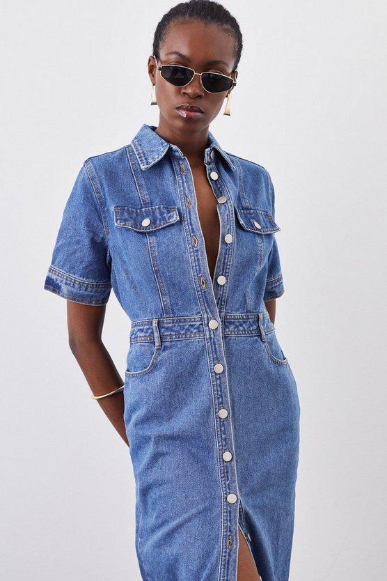Karen Millen UK SALE Denim Maxi Shirt Dress - mid wash