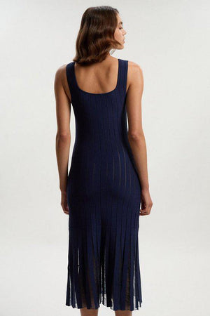 Karen Millen UK SALE Tall Compact Stretch Square Neck Knitted Flippy Dress - navy