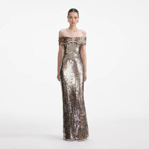 SELF PORTRAIT VIP SS24 Gold Sequin Maxi Dress