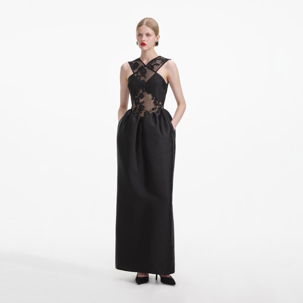 SELF PORTRAIT SS24 Black Lace Taffeta Maxi Dress