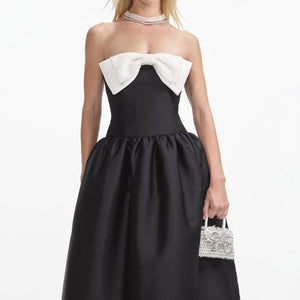 SELF PORTRAIT SS24 Black Taffeta Contrast Bow Midi Dress