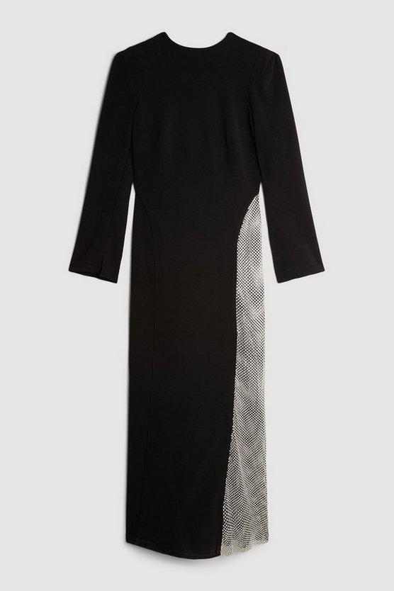 Karen Millen UK SALE Viscose Woven Panelled Crystal Mesh Maxi Dress - black