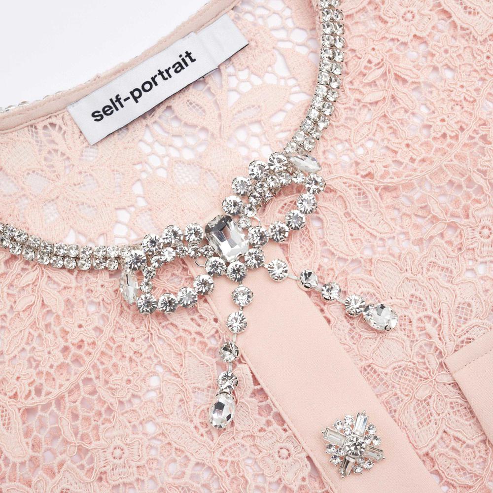 SELF PORTRAIT SS24 Pink Lace Diamante Bow Midi Dress