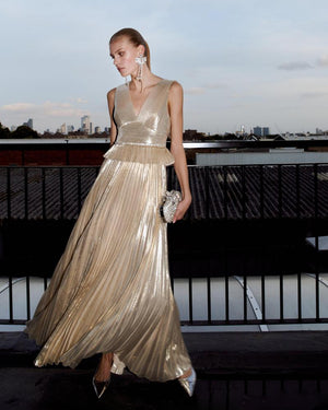 SELF PORTRAIT SS24 Gold Metallic V-Neck Maxi Dress