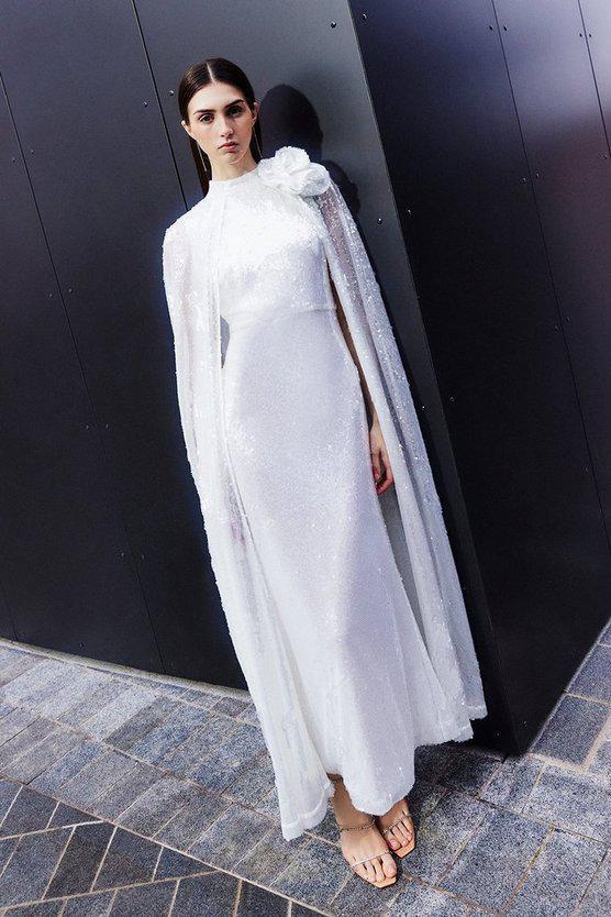 Karen Millen UK SALE Sequin Rosette Cape Maxi Dress