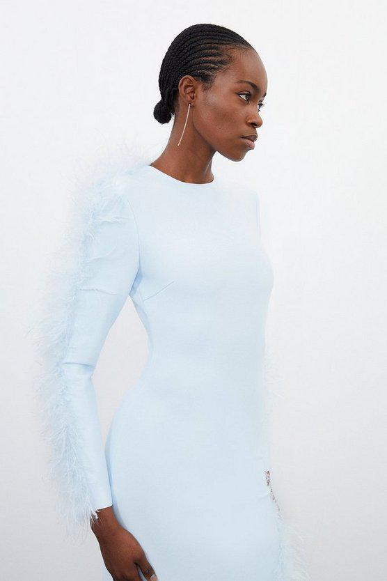 Karen Millen UK SALE Figure Form Bandage Knit Split Feather Hem Midi Dress - pale blue