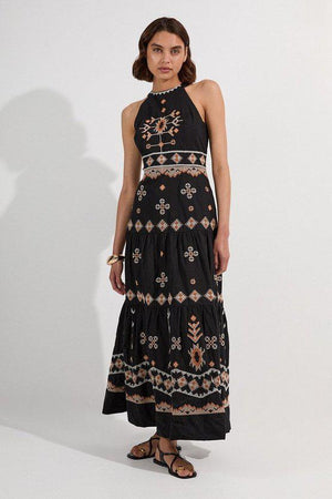 Karen Millen UK SALE Cotton Embroidered Woven Halter Maxi Dress