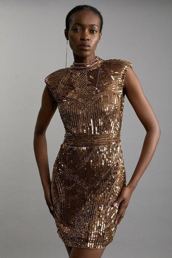 Karen Millen UK SALE Embellished Sequin And Beaded Strong Shoulder Mini Dress - gold