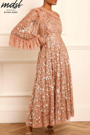 Needle & Thread CHRISTMAS SALE Falling Leaves One-Shoulder Ankle Gown - beige