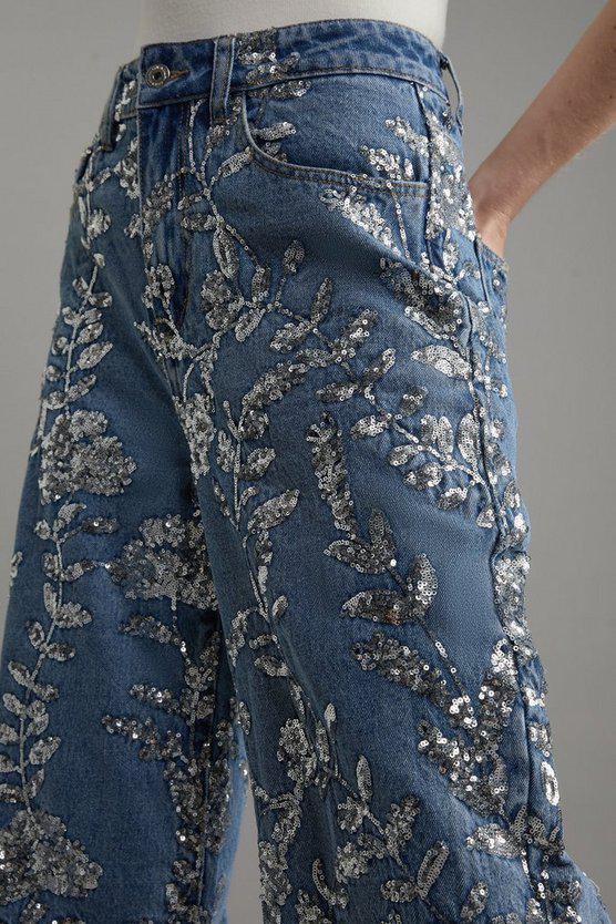 Karen Millen UK SALE Denim All Over Floral Sequin Wide Leg Trousers - mid blue