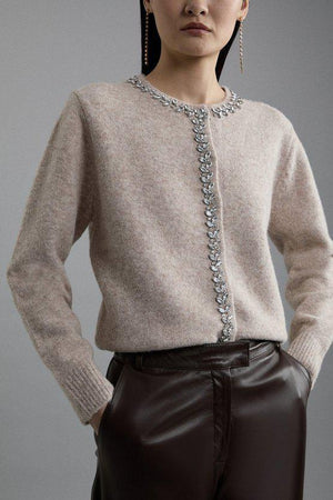 Karen Millen UK SALE Embellished Trim Cosy Knit Cardigan - oatmeal