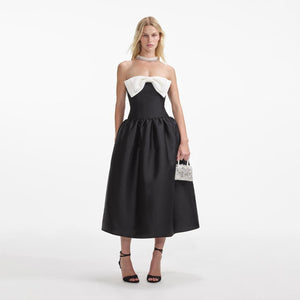 SELF PORTRAIT SS24 Black Taffeta Contrast Bow Midi Dress