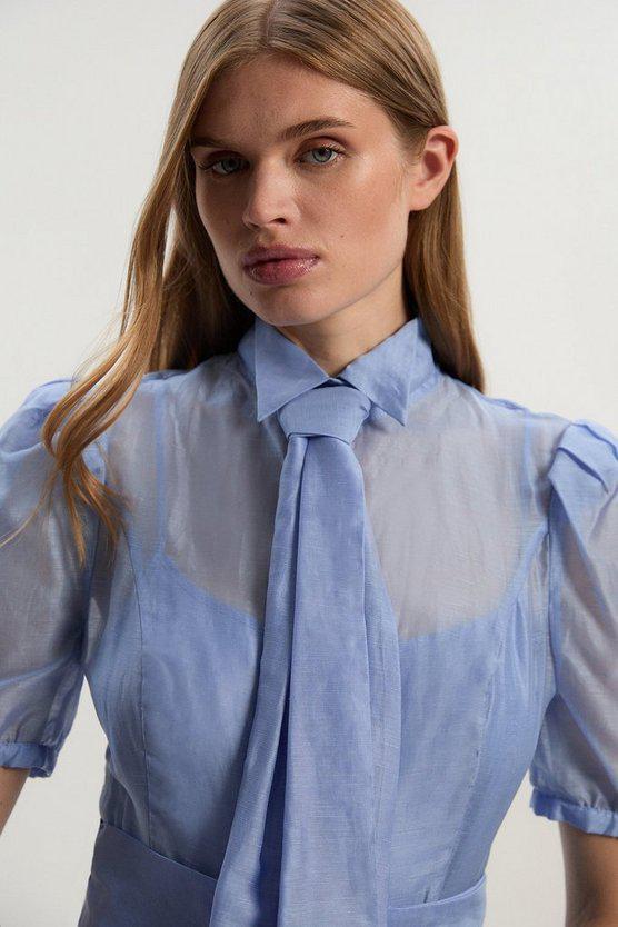 Karen Millen UK SALE Organdie Tie Neck Woven Midi Dress - light blue