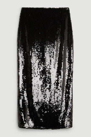 Karen Millen UK SALE Sequin Front Split Woven Midi Skirt - black