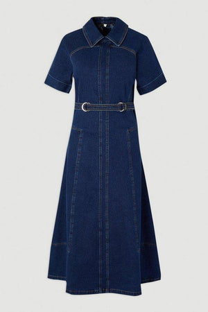 Karen Millen UK SALE Stretch Denim Tab Belt Detail Midi Dress