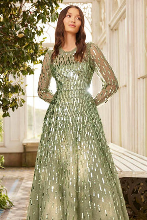 Needle & Thread SPRING/SUMMER Sequin Dash Long Sleeve Ankle Gown - green