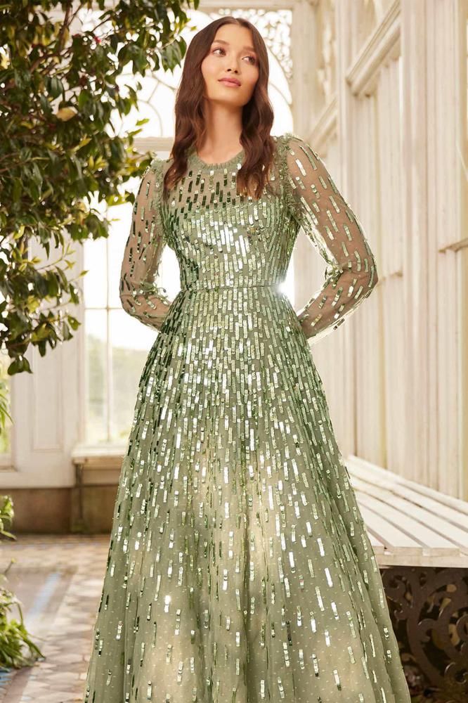 Needle & Thread CYBER SALE Sequin Dash Long Sleeve Ankle Gown - green