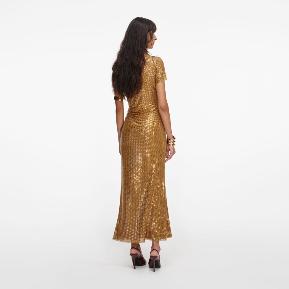SP VIP PRICE Gold Rhinestone Drape Midi Dress