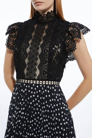 Karen Millen UK SALE Guipure Lace Dot Pleated Skirt Midi Dress - mono