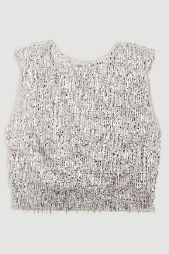 Karen Millen UK SALE Textured Strong Shoulder Sequin Woven Top