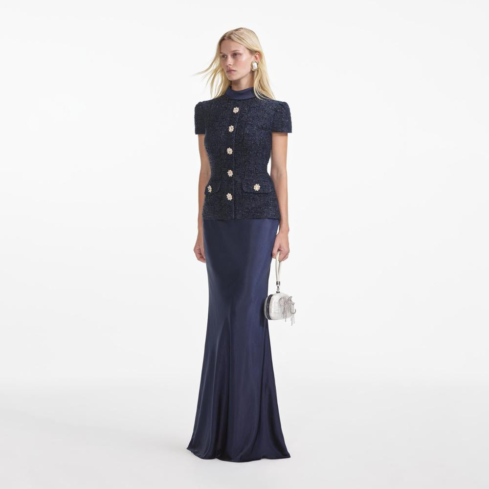 SP VIP PRICE Navy Metallic Boucle Maxi Dress
