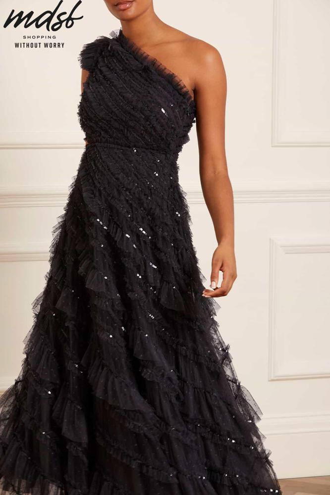 Needle & Thread CHRISTMAS SALE Spiral Sequin One-Shoulder Ankle Gown - black