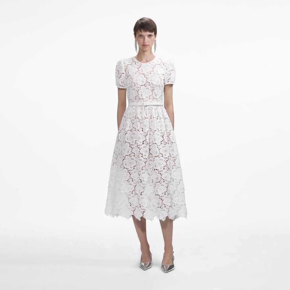 SELF PORTRAIT SS24 White Floral Lace Midi Dress